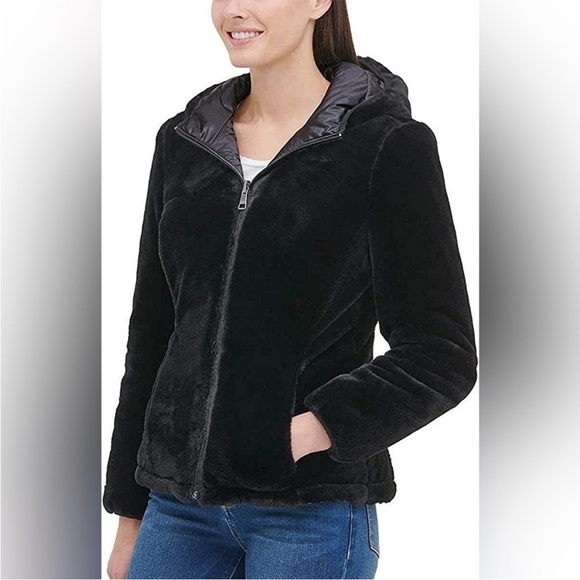 ANDREW MARC women’s REVERSIBLE metallic gray blk puffer / plush hooded jacket M - Picture 4 of 17